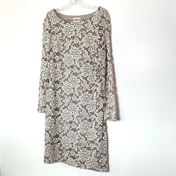 Eliza J Overlay Lace Sheath Dress Beige Taupe Long Sleeve Formal Dress Size 14 - Picture 5 of 7